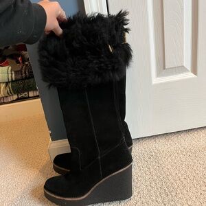 UGG Black Fur-Trimmed Wedge Boots